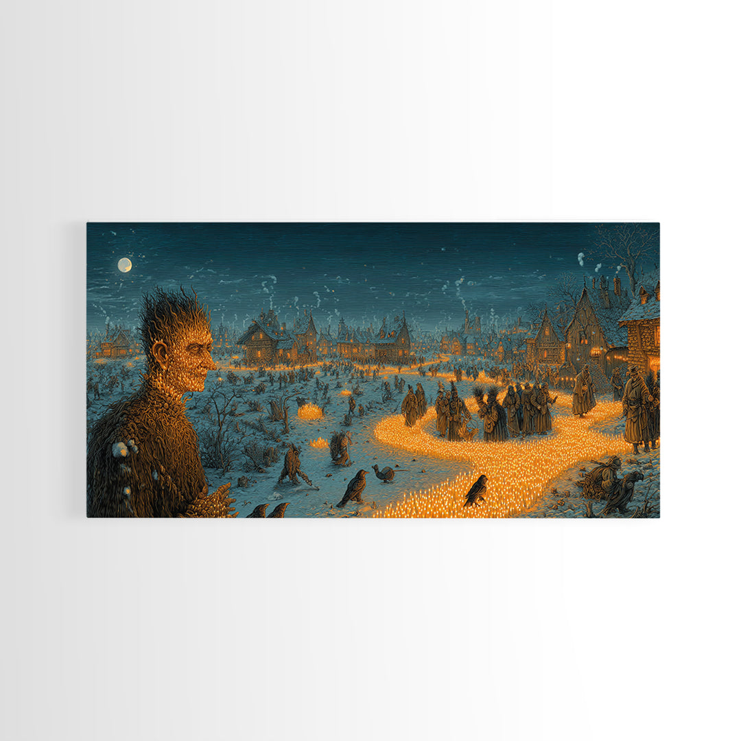 The Candlewax Man, Northern Renaissance Horror, Wide Panoramic Art, Dark Fantasy Wall Art, Framed Canvas Print, Halloween Wall Art