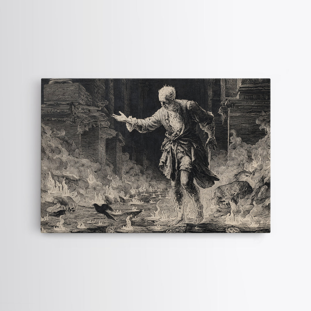 The Candlewax Man, Architectural Etching Art, Landscape Wall Art, Macabre Wall Art, Framed Canvas Print, Halloween Wall Art