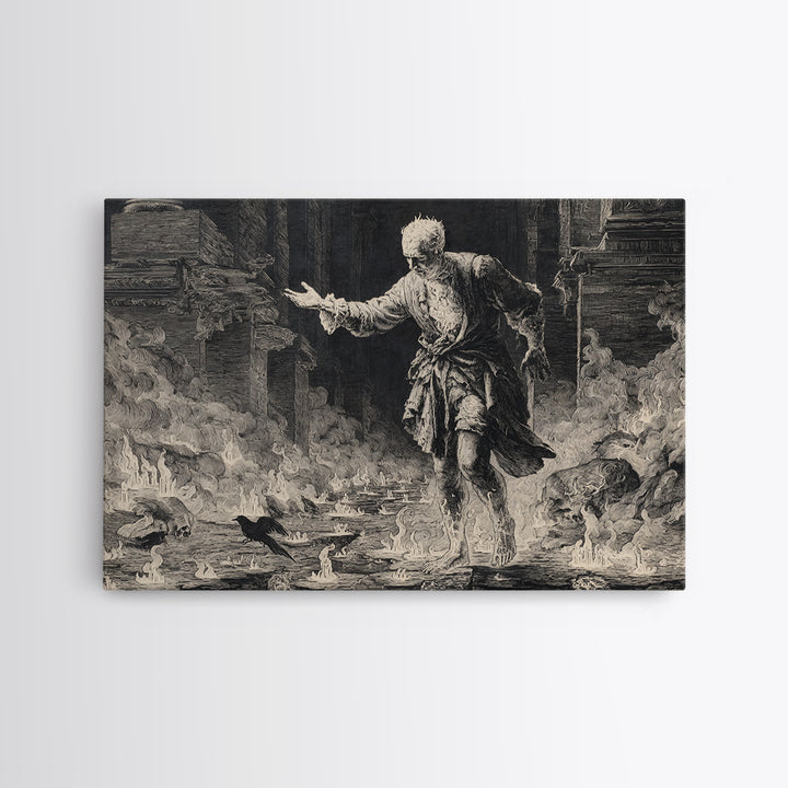 The Candlewax Man, Architectural Etching Art, Landscape Wall Art, Macabre Wall Art, Framed Canvas Print, Halloween Wall Art