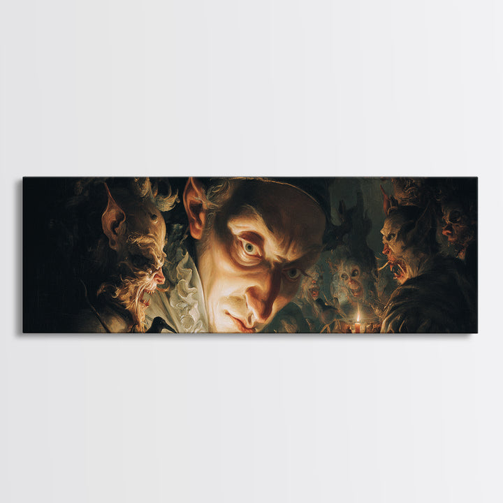 The Mirror Spirit, Medieval Grotesque Art, Extra Wide Wall Art, Dark Halloween Decor, Framed Canvas Print, Halloween Wall Art