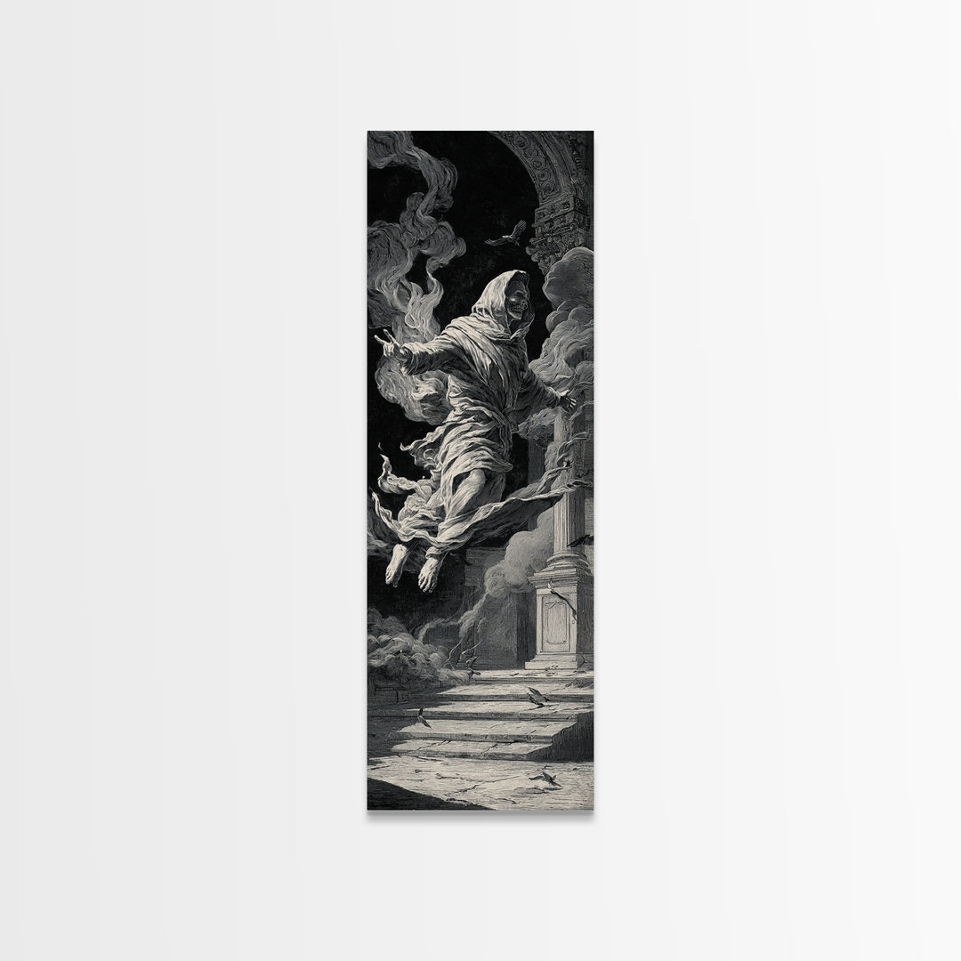 The Mirror Spirit, Architectural Etching Art, Tall Narrow Wall Art, Dark Halloween Decor, Canvas Print, Halloween Wall Art