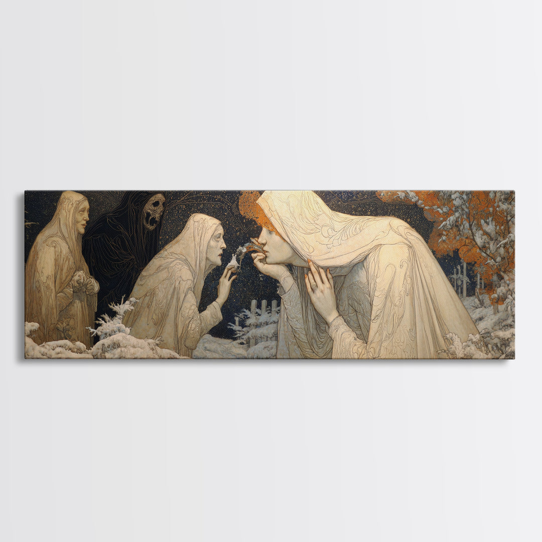 The Mirror Spirit, Symbolist Death Art, Extra Wide Wall Art, Macabre Wall Art, Framed Canvas Print, Halloween Wall Art