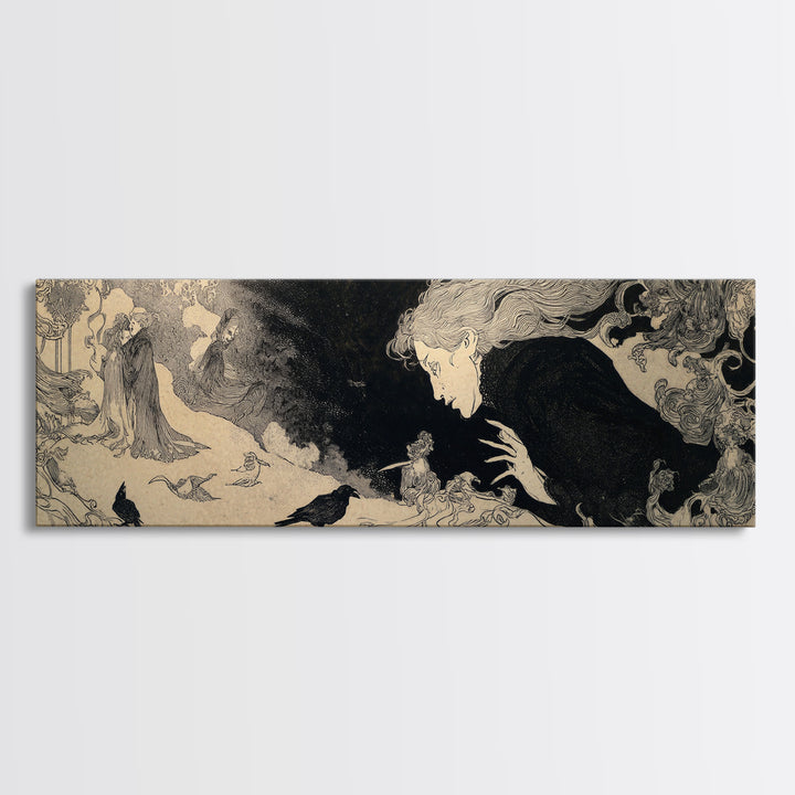 The Mirror Spirit, Decadent Line Art, Extra Wide Wall Art, Gothic Horror Wall Art, Canvas Print, Halloween Wall Art