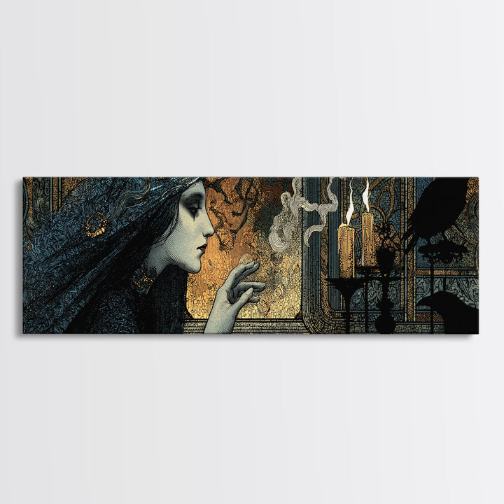 The Mirror Spirit, Stained Glass Gothic Art, Extra Wide Wall Art, Dark Halloween Decor, Framed Canvas Print, Halloween Wall Art