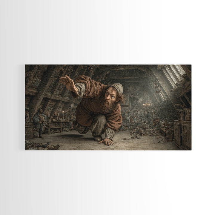 The Attic Whisperer, Northern Renaissance Horror, Wide Panoramic Art, Dark Fantasy Wall Art, Framed Canvas Print