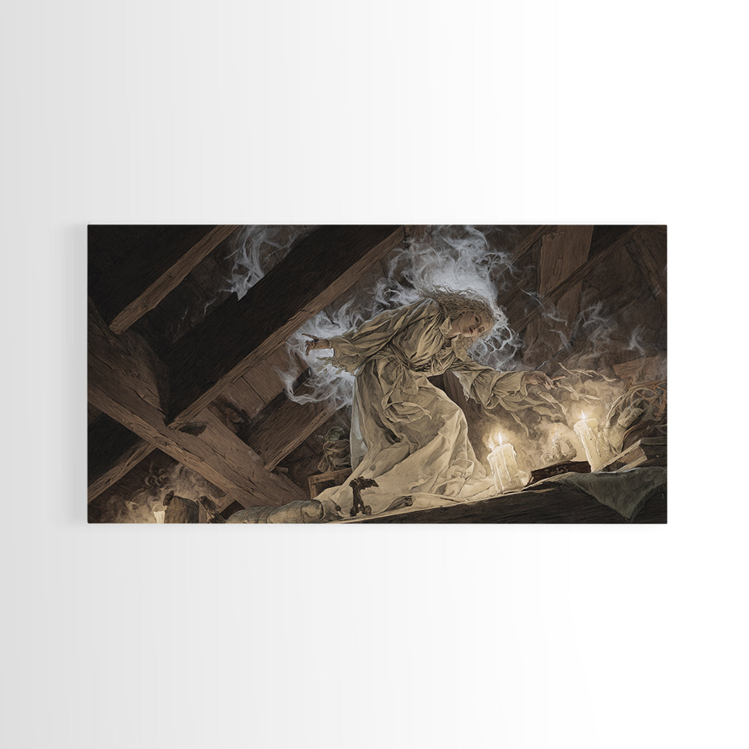 The Attic Whisperer, Visionary Gothic Art, Wide Panoramic Art, Dark Fantasy Wall Art, Framed Canvas Print, Halloween Wall Art