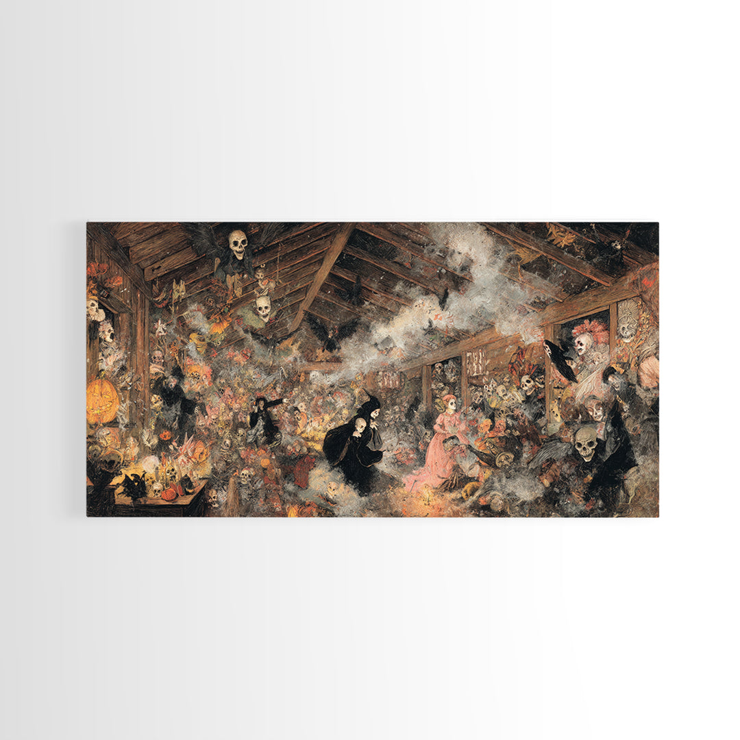 The Attic Whisperer, Grotesque Carnival Art, Wide Panoramic Art, Gothic Horror Wall Art, Canvas Print, Halloween Wall Art