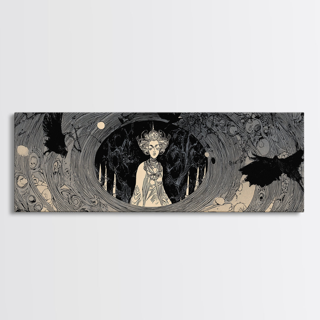 The Attic Whisperer, Decadent Line Art, Extra Wide Wall Art, Macabre Wall Art, Framed Canvas Print, Halloween Wall Art