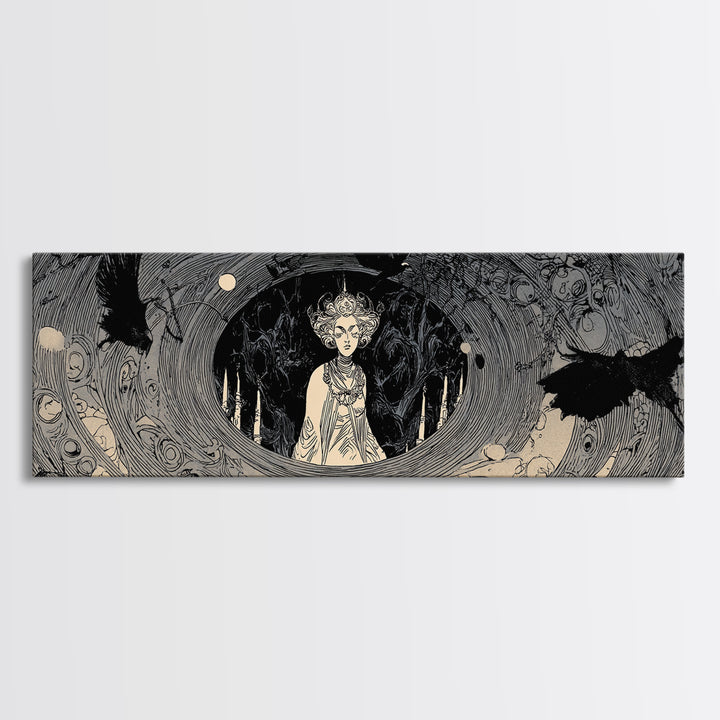 The Attic Whisperer, Decadent Line Art, Extra Wide Wall Art, Macabre Wall Art, Framed Canvas Print, Halloween Wall Art