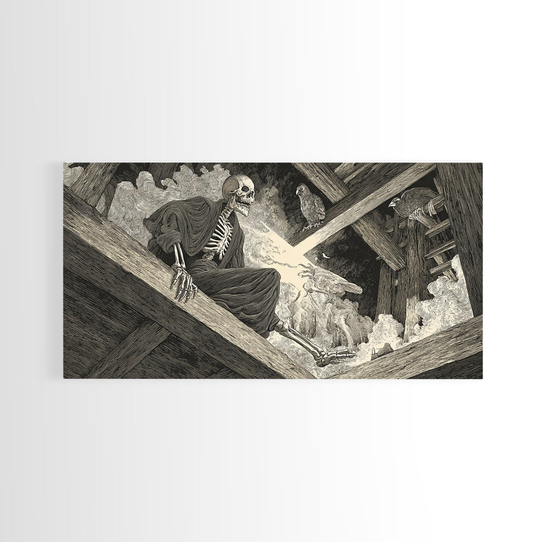 The Attic Whisperer, Macabre Folk Print Art, Wide Panoramic Art, Dark Halloween Decor, Framed Canvas Print, Halloween Wall Art