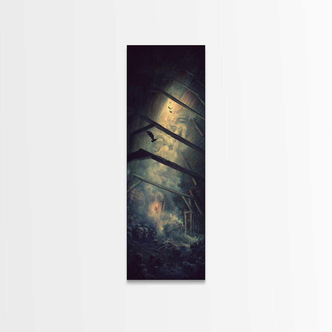 The Attic Whisperer, Surreal Apocalyptic Art, Tall Narrow Wall Art, Gothic Horror Wall Art, Framed Canvas Print, Halloween Wall Art