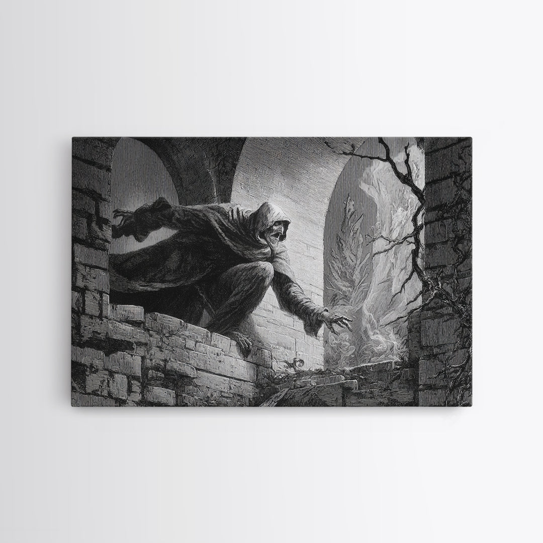 The Chimney Phantom, Gothic Engraving Art, Landscape Wall Art, Gothic Horror Wall Art, Framed Canvas Print, Halloween Wall Art
