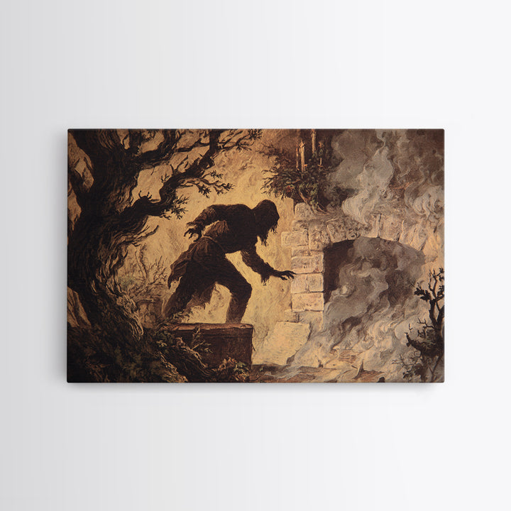 The Chimney Phantom, Baroque Witchcraft Art, Landscape Wall Art, Dark Halloween Decor, Framed Canvas Print, Halloween Wall Art