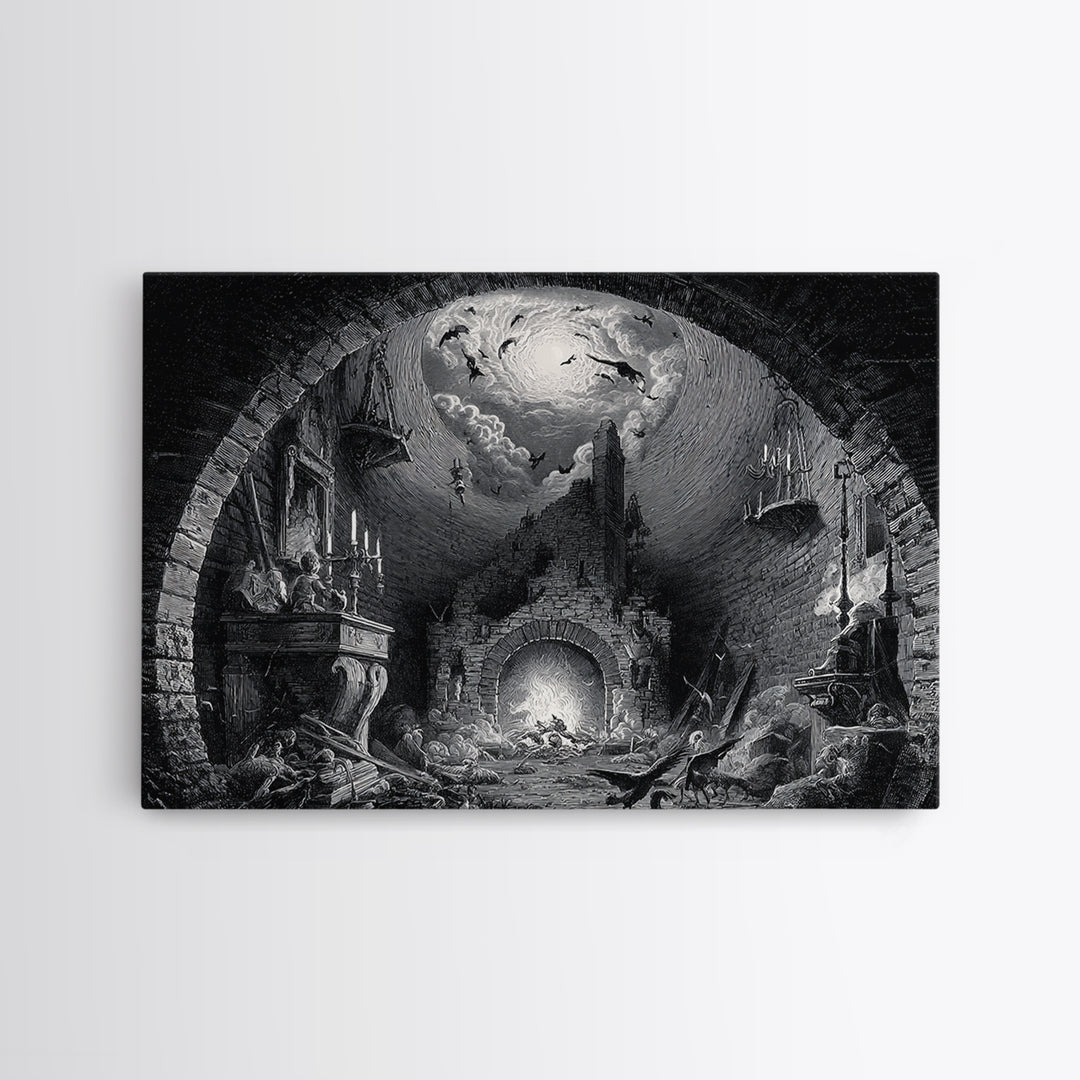The Chimney Phantom, Architectural Etching Art, Landscape Wall Art, Dark Fantasy Wall Art, Framed Canvas Print