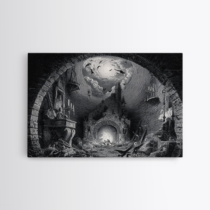 The Chimney Phantom, Architectural Etching Art, Landscape Wall Art, Dark Fantasy Wall Art, Framed Canvas Print