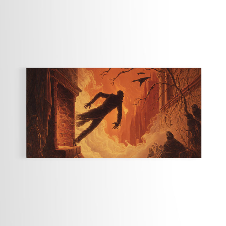 The Chimney Phantom, Apocalyptic Romantic Art, Wide Panoramic Art, Macabre Wall Art, Framed Canvas Print, Halloween Wall Art