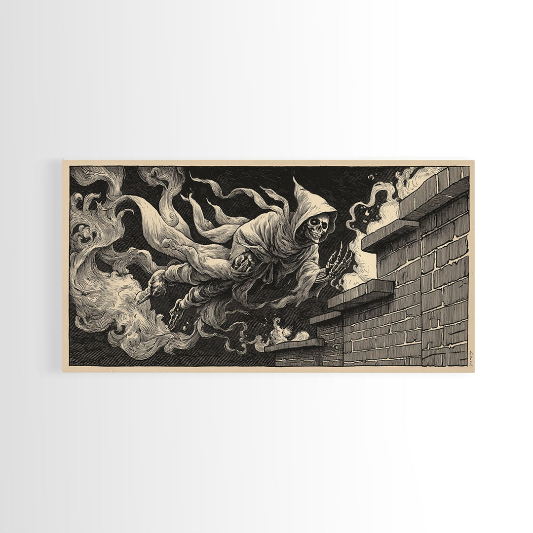 The Chimney Phantom, Macabre Folk Print Art, Wide Panoramic Art, Macabre Wall Art, Framed Canvas Print, Halloween Wall Art