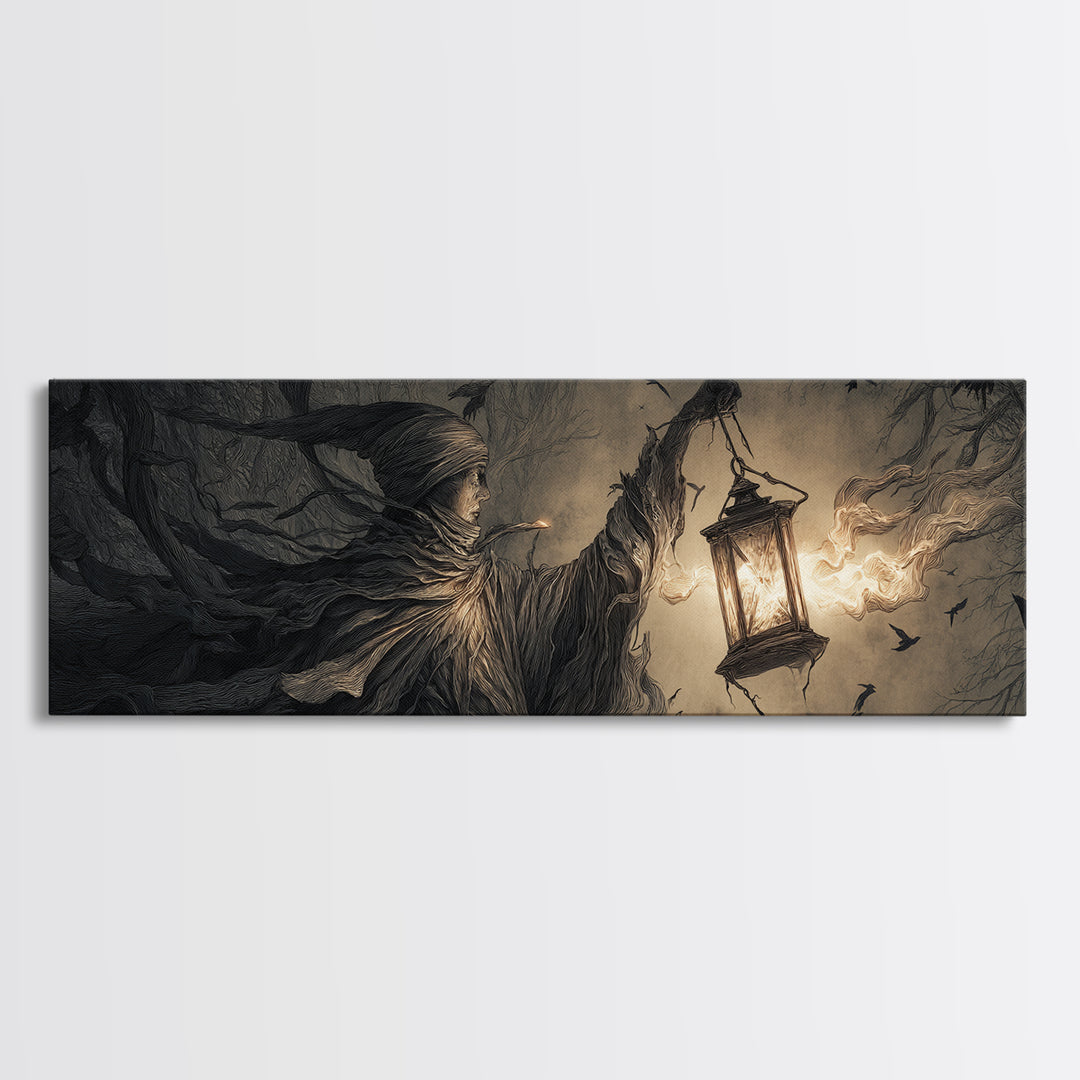 The Lantern Specter, Medieval Grotesque Art, Extra Wide Wall Art, Macabre Wall Art, Framed Canvas Print, Halloween Wall Art