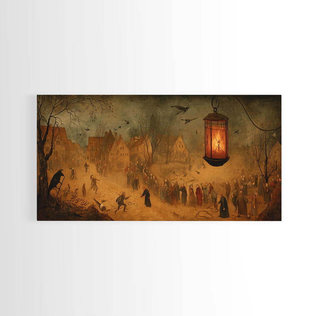 The Lantern Specter, Northern Renaissance Horror, Wide Panoramic Art, Dark Fantasy Wall Art, Canvas Print, Halloween Wall Art