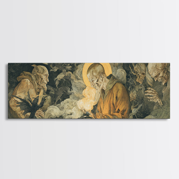 The Lantern Specter, Dark Renaissance Art, Extra Wide Wall Art, Dark Halloween Decor, Framed Canvas Print, Halloween Wall Art