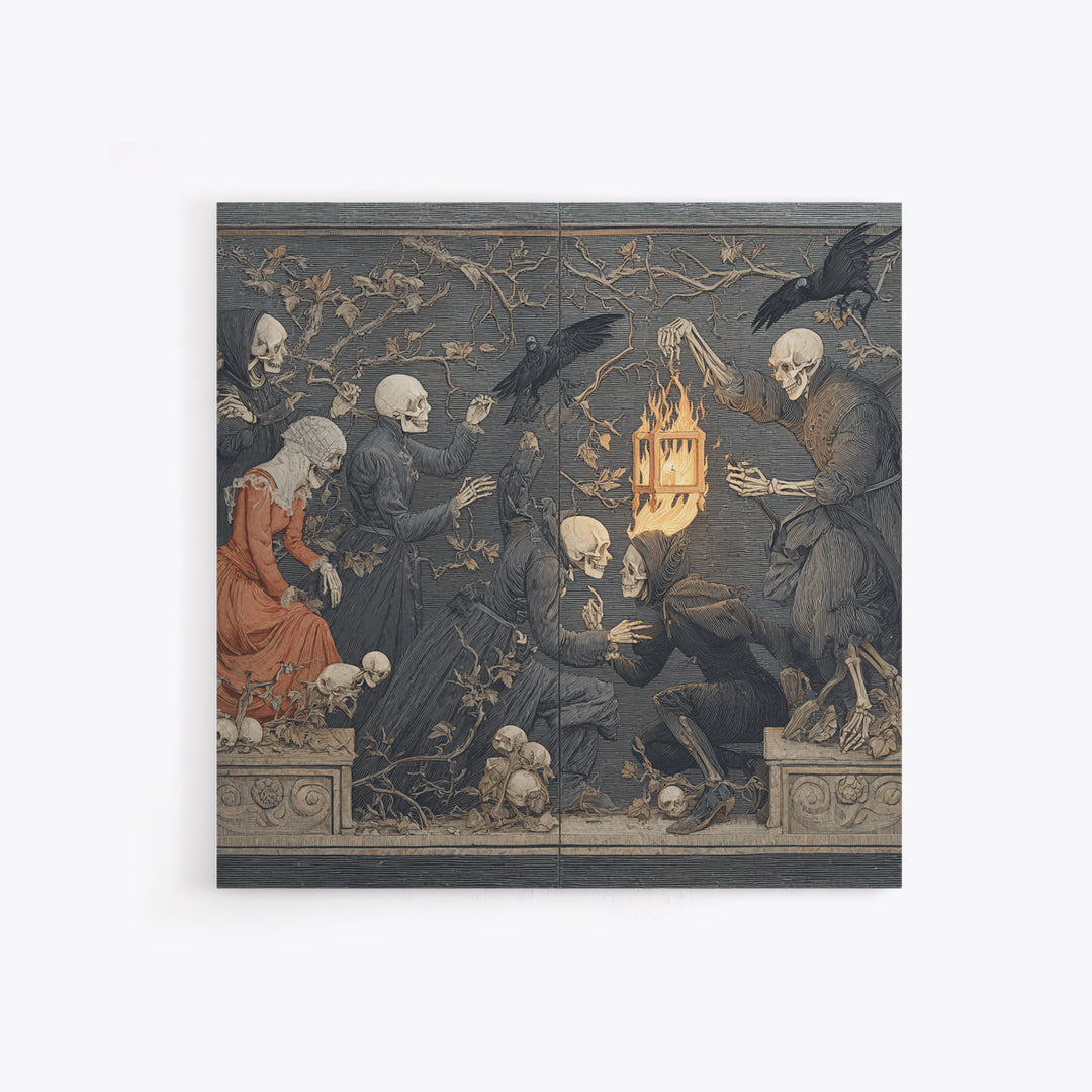 The Lantern Specter, Danse Macabre Art, Square Wall Art, Dark Fantasy Wall Art, Framed Canvas Print, Halloween Wall Art
