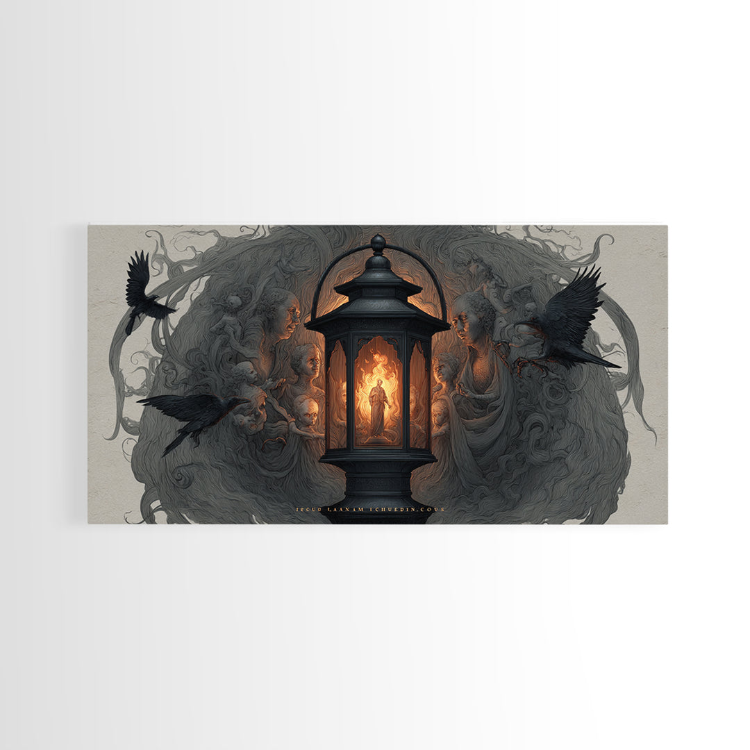 The Lantern Specter, Visionary Gothic Art, Wide Panoramic Art, Dark Fantasy Wall Art, Framed Canvas Print, Halloween Wall Art