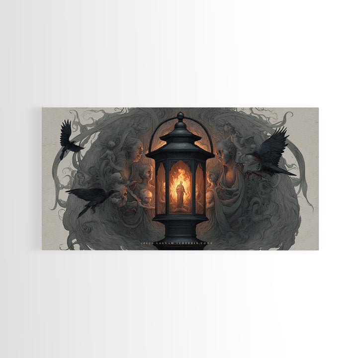 The Lantern Specter, Visionary Gothic Art, Wide Panoramic Art, Dark Fantasy Wall Art, Framed Canvas Print, Halloween Wall Art