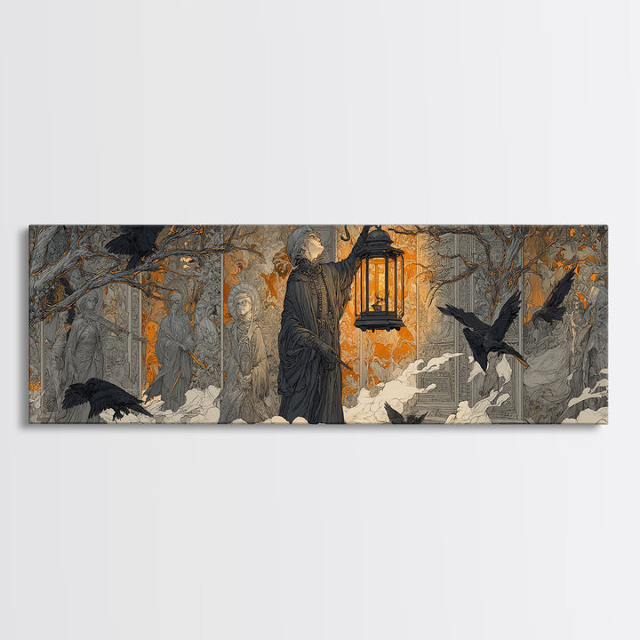 The Lantern Specter, Symbolist Death Art, Extra Wide Wall Art, Macabre Wall Art, Canvas Print, Halloween Wall Art, Spooky Wall Decor