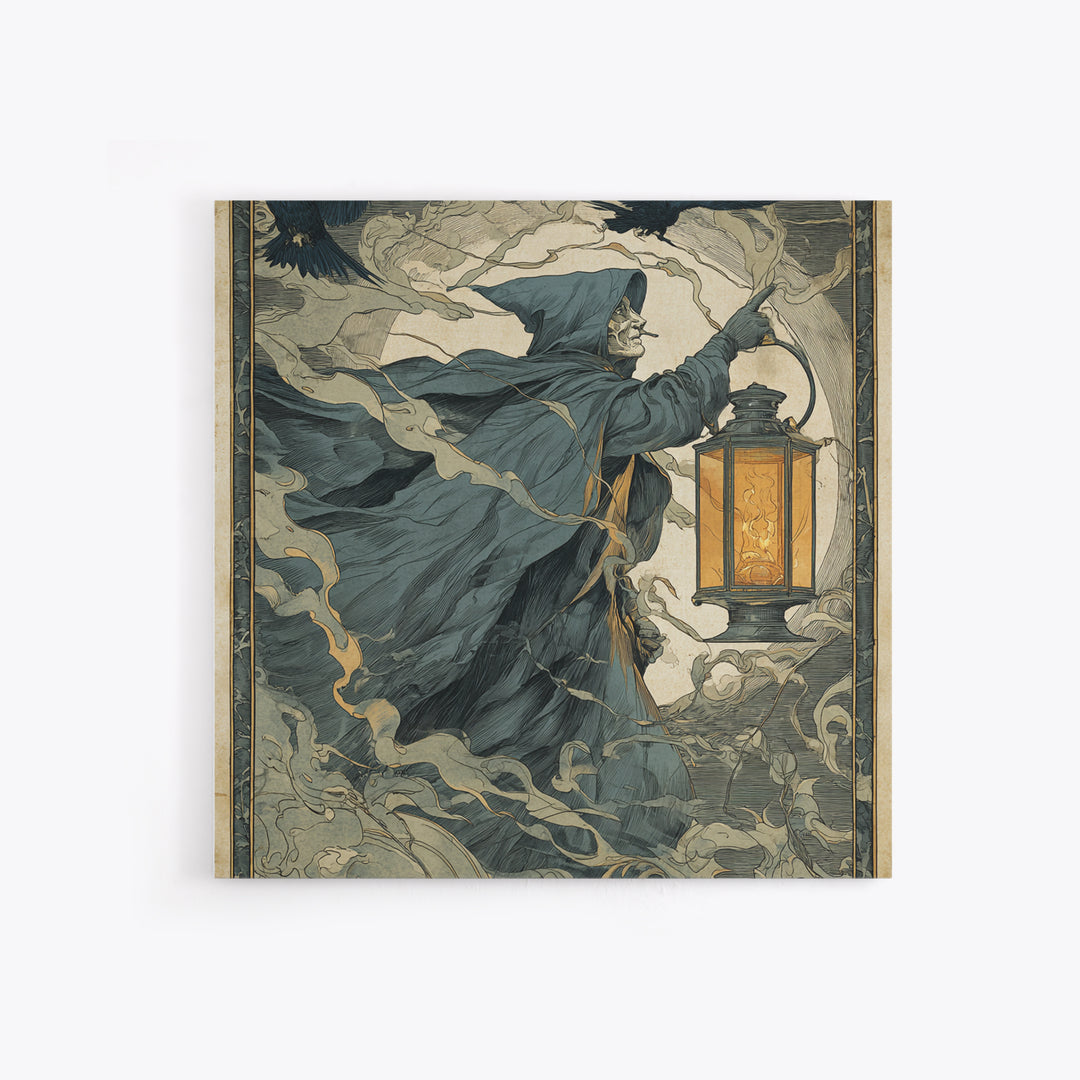 The Lantern Specter, Symbolist Etching Art, Square Wall Art, Dark Fantasy Wall Art, Canvas Print, Halloween Wall Art, Seasonal Home Decor