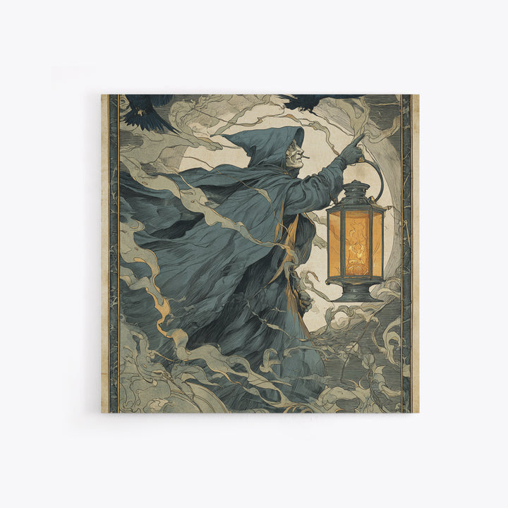 The Lantern Specter, Symbolist Etching Art, Square Wall Art, Dark Fantasy Wall Art, Canvas Print, Halloween Wall Art, Seasonal Home Decor