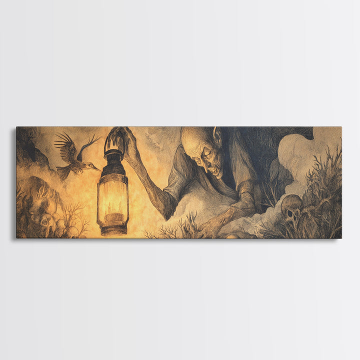The Lantern Specter, Expressionist Nightmare Art, Extra Wide Wall Art, Macabre Wall Art, Framed Canvas Print, Halloween Wall Art