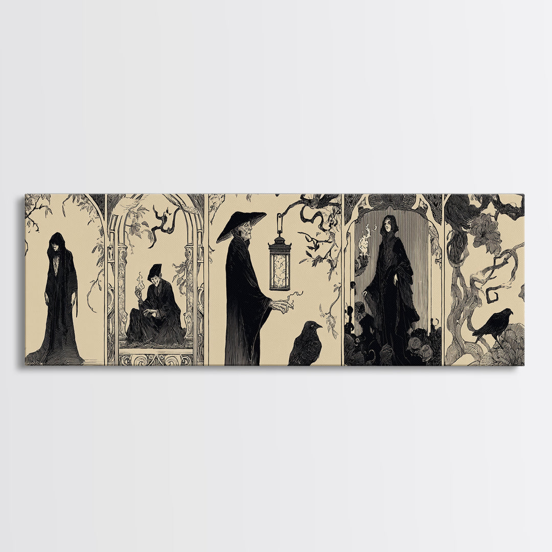 The Lantern Specter, Decadent Line Art, Extra Wide Wall Art, Macabre Wall Art, Framed Canvas Print, Halloween Wall Art