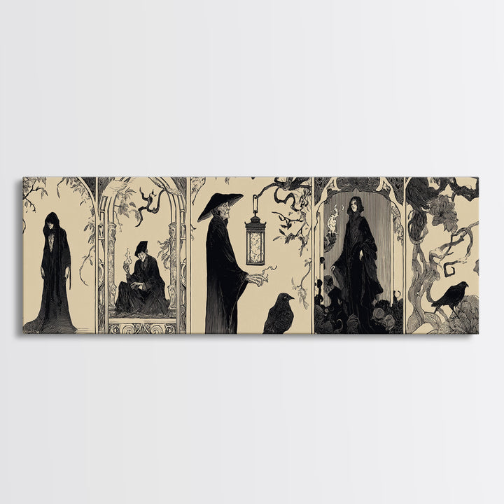 The Lantern Specter, Decadent Line Art, Extra Wide Wall Art, Macabre Wall Art, Framed Canvas Print, Halloween Wall Art