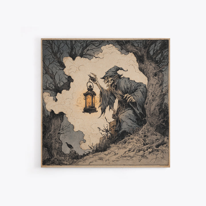 The Lantern Specter, Gothic Storybook Art, Square Wall Art, Macabre Wall Art, Framed Canvas Print, Halloween Wall Art