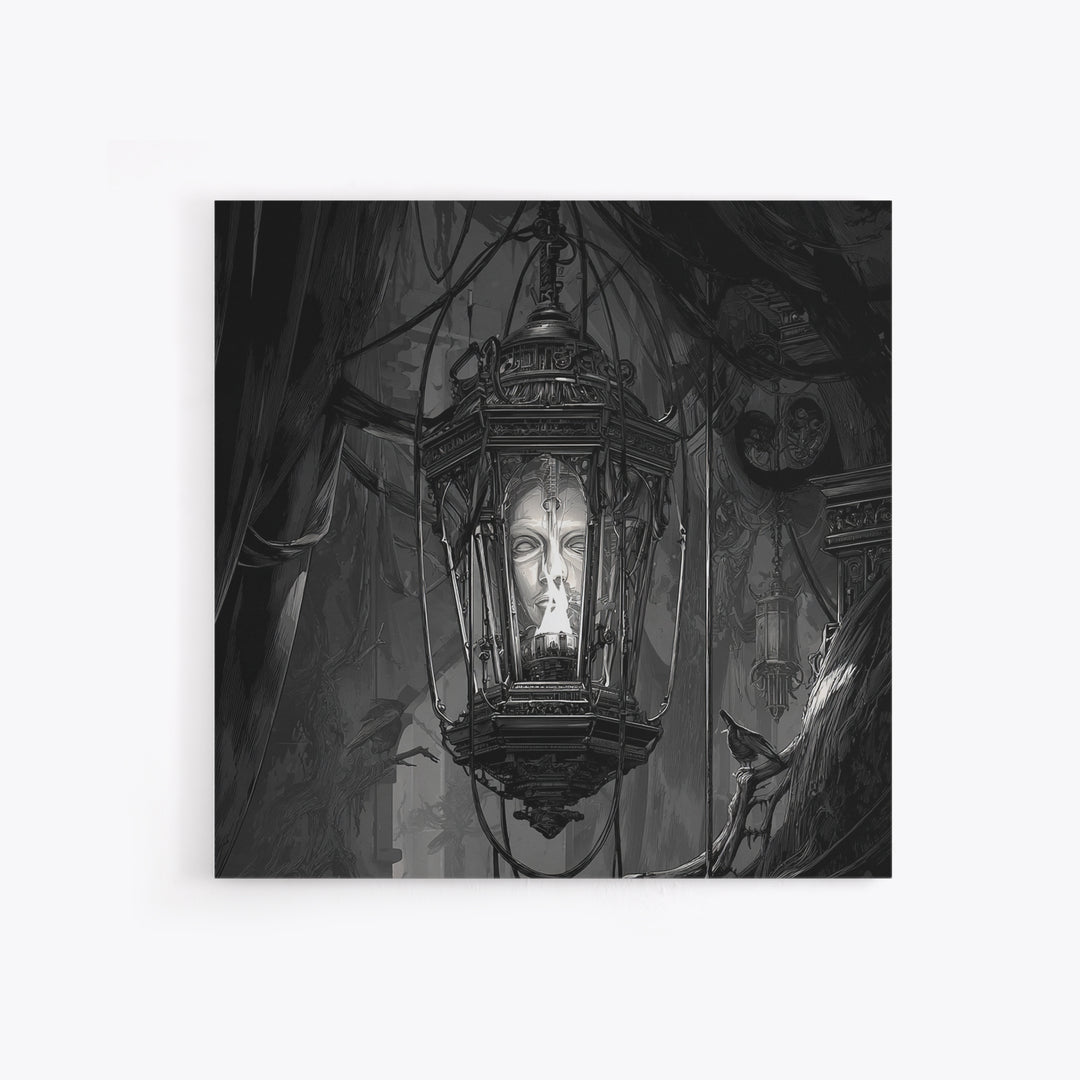 The Lantern Specter, Biomechanical Horror Art, Square Wall Art, Dark Halloween Decor, Canvas Print, Halloween Wall Art