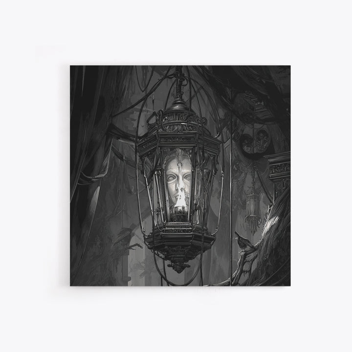 The Lantern Specter, Biomechanical Horror Art, Square Wall Art, Dark Halloween Decor, Canvas Print, Halloween Wall Art