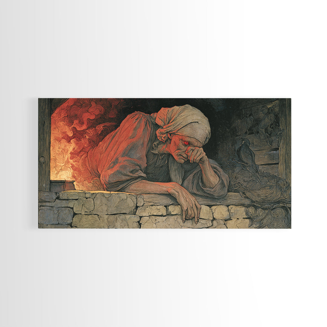 The Red-Eyed Night Hag, Dark Renaissance Art, Wide Panoramic Art, Dark Fantasy Wall Art, Framed Canvas Print, Halloween Wall Art