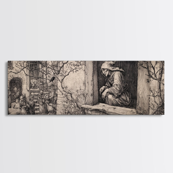 The Red-Eyed Night Hag, Renaissance Engraving Art, Extra Wide Wall Art, Gothic Horror Wall Art, Canvas Print, Halloween Wall Art