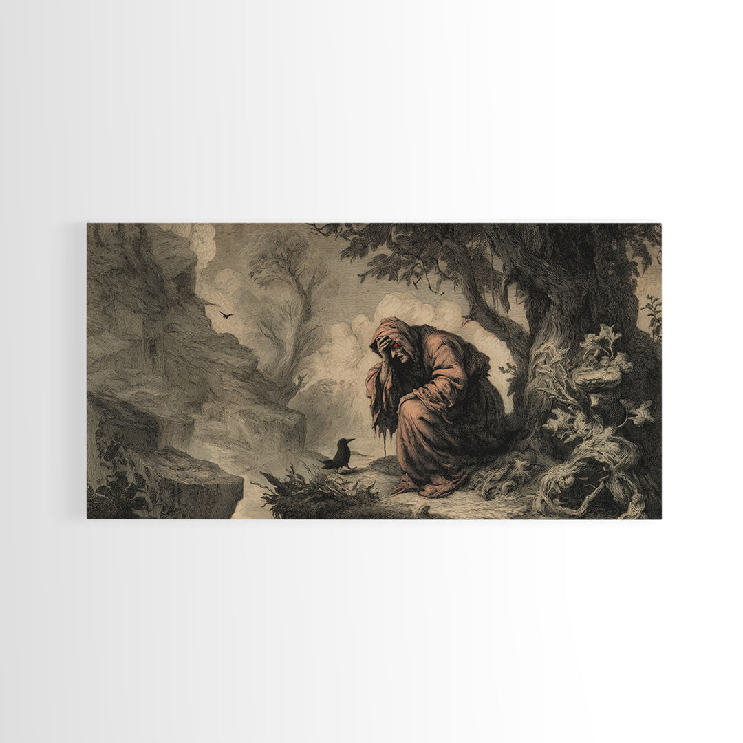 The Red-Eyed Night Hag, Baroque Witchcraft Art, Wide Panoramic Art, Gothic Horror Wall Art, Framed Canvas Print, Halloween Wall Art