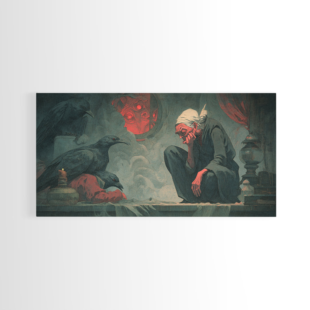 The Red-Eyed Night Hag, Gothic Nightmare Art, Wide Panoramic Art, Dark Fantasy Wall Art, Canvas Print, Halloween Wall Art