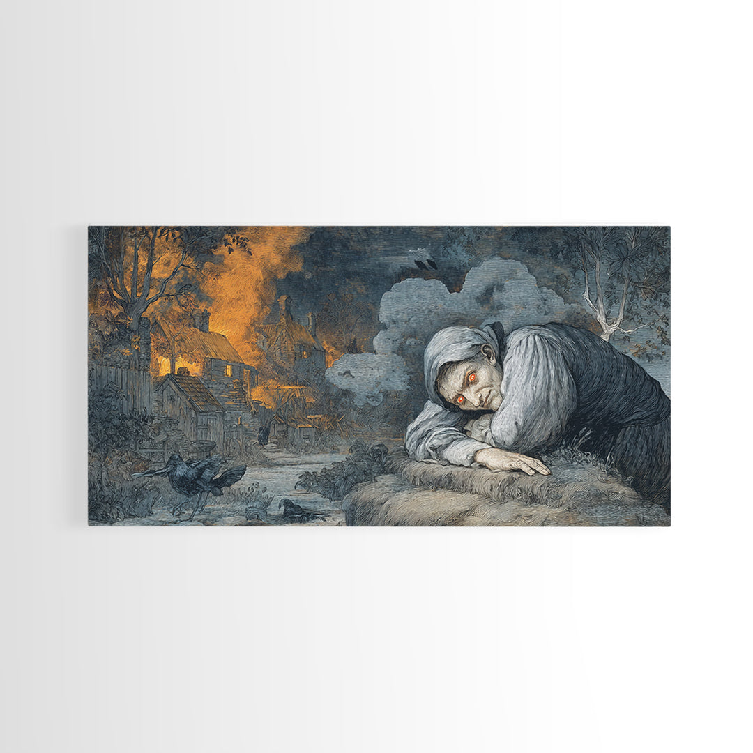 The Red-Eyed Night Hag, Visionary Gothic Art, Wide Panoramic Art, Gothic Horror Wall Art, Framed Canvas Print, Halloween Wall Art