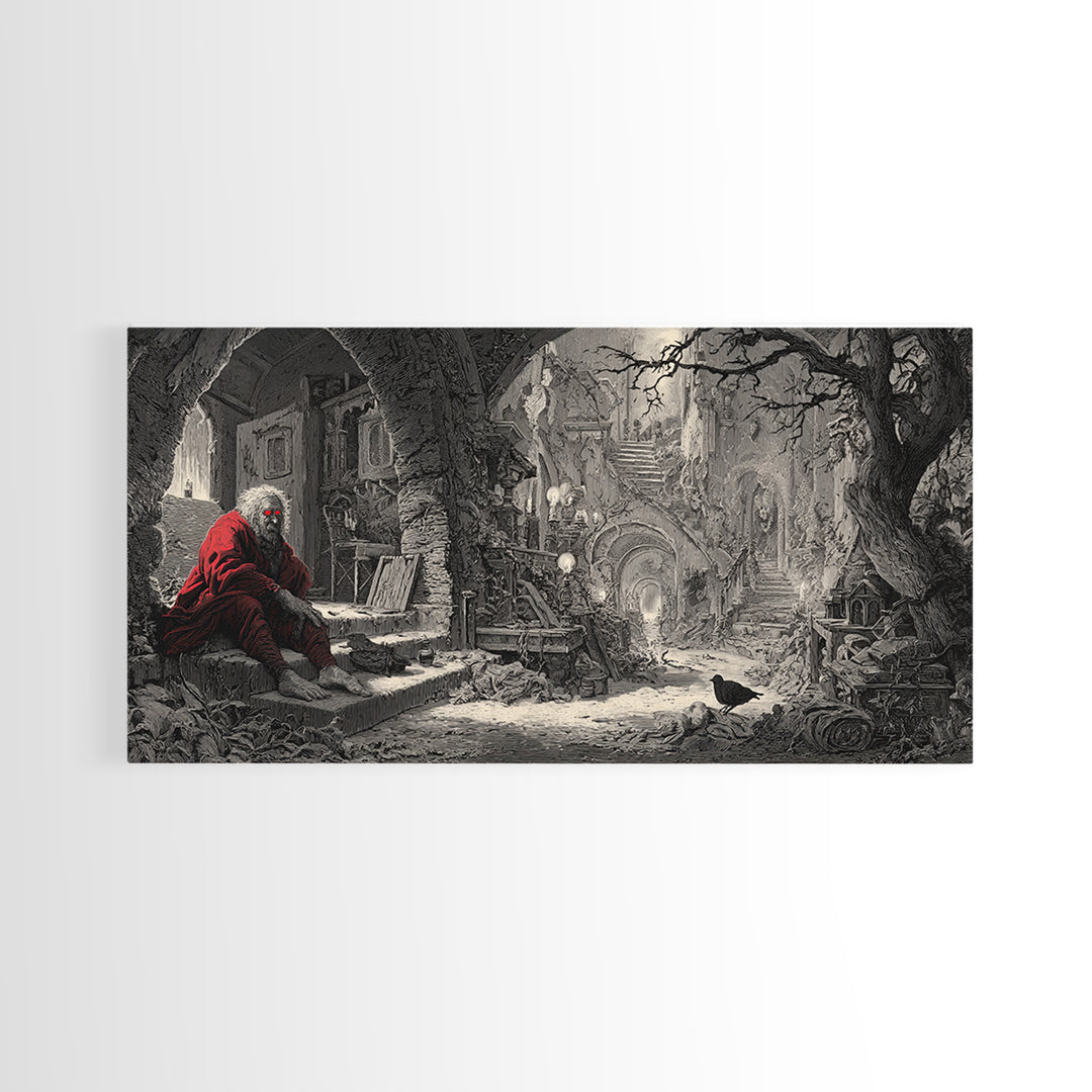 The Red-Eyed Night Hag, Architectural Etching Art, Wide Panoramic Art, Macabre Wall Art, Canvas Print, Halloween Wall Art