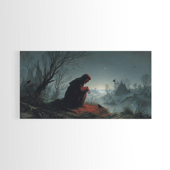 The Red-Eyed Night Hag, Romantic Gothic Landscape, Wide Panoramic Art, Dark Halloween Decor, Canvas Print, Halloween Wall Art
