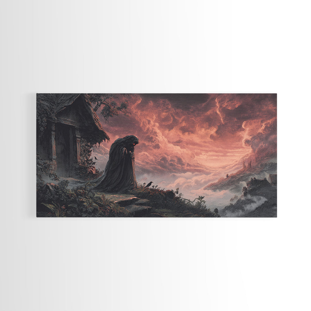 The Red-Eyed Night Hag, Apocalyptic Romantic Art, Wide Panoramic Art, Dark Halloween Decor, Canvas Print, Halloween Wall Art