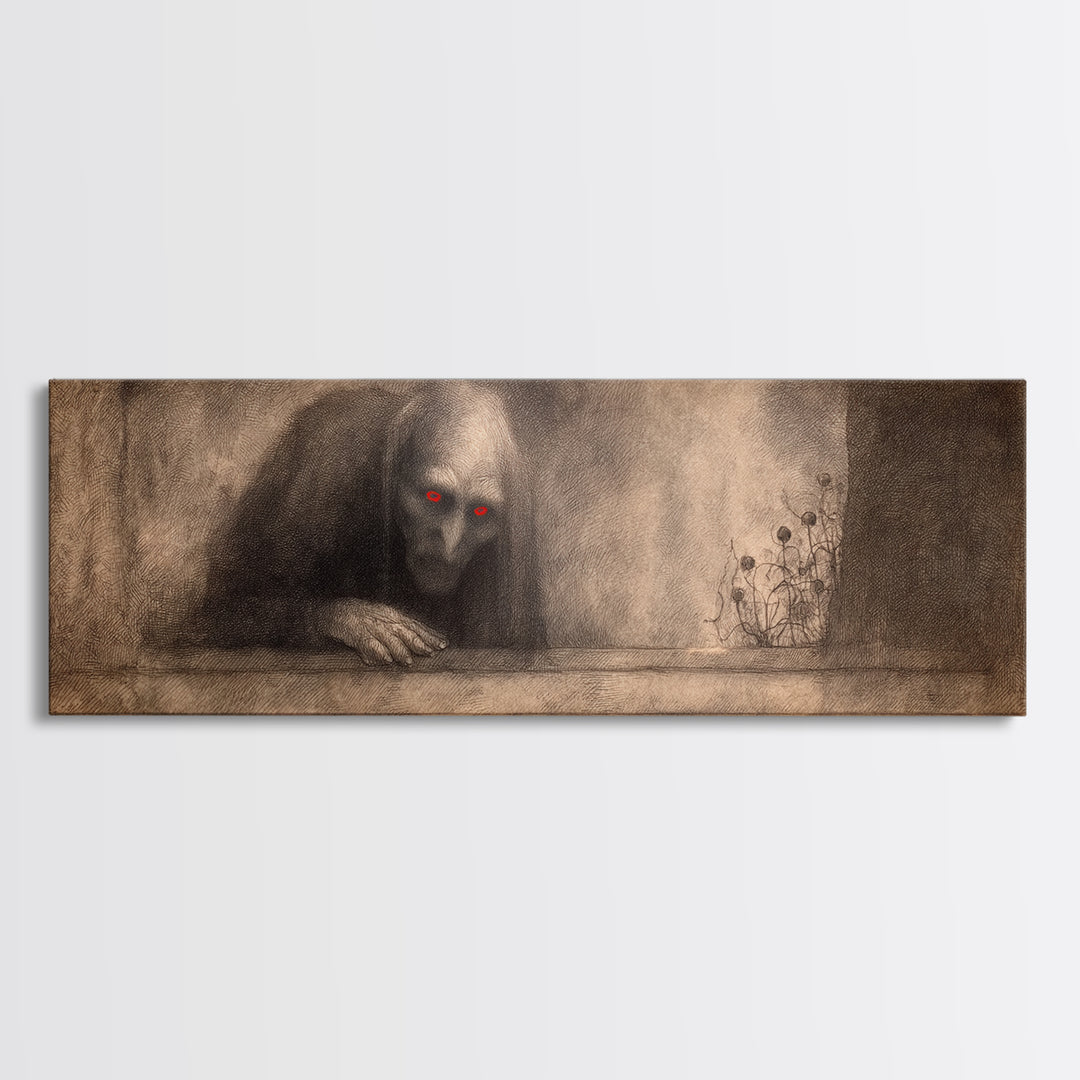 The Red-Eyed Night Hag, Symbolist Dream Art, Extra Wide Wall Art, Dark Halloween Decor, Framed Canvas Print, Halloween Wall Art