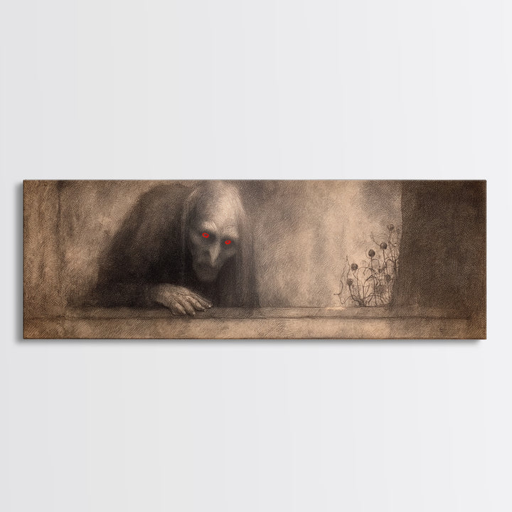 The Red-Eyed Night Hag, Symbolist Dream Art, Extra Wide Wall Art, Dark Halloween Decor, Framed Canvas Print, Halloween Wall Art