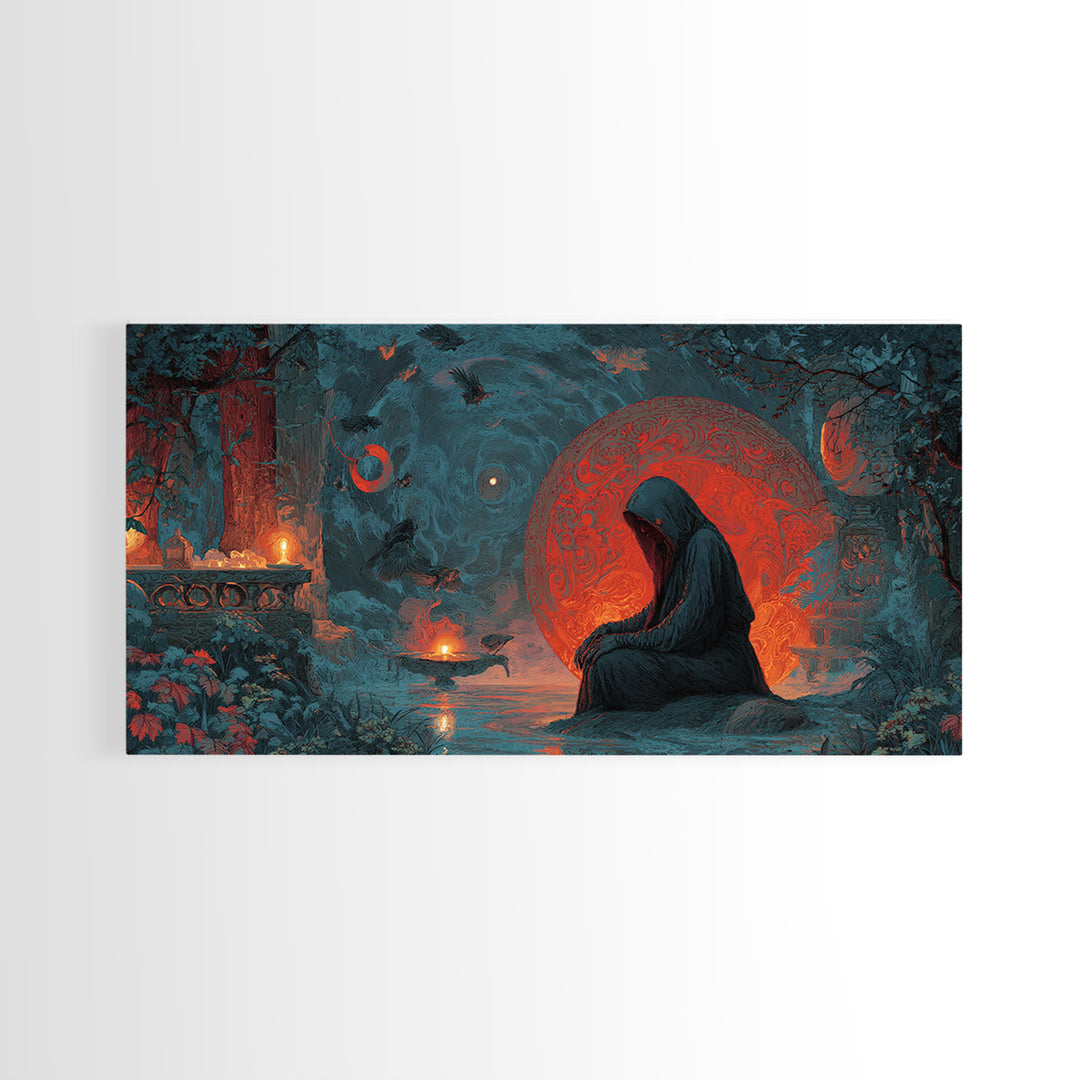 The Red-Eyed Night Hag, Symbolist Gothic Landscape, Wide Panoramic Art, Dark Halloween Decor, Canvas Print, Halloween Wall Art