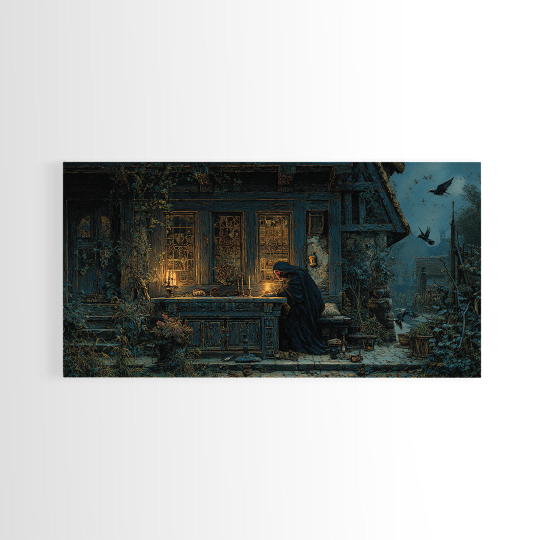 The Red-Eyed Night Hag, Ornate Symbolist Art, Wide Panoramic Art, Gothic Horror Wall Art, Canvas Print, Halloween Wall Art
