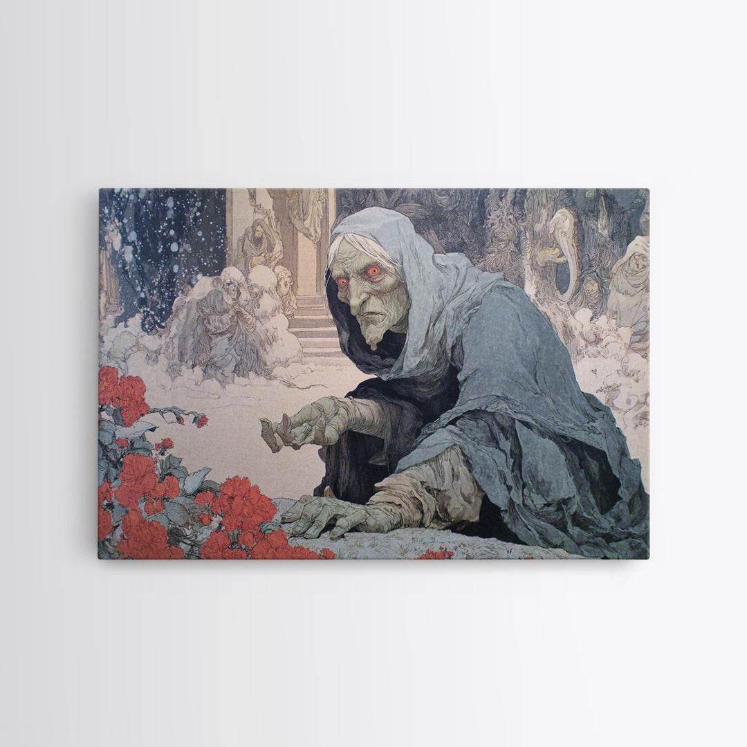 The Red-Eyed Night Hag, Symbolist Death Art, Landscape Wall Art, Gothic Horror Wall Art, Framed Canvas Print, Halloween Wall Art