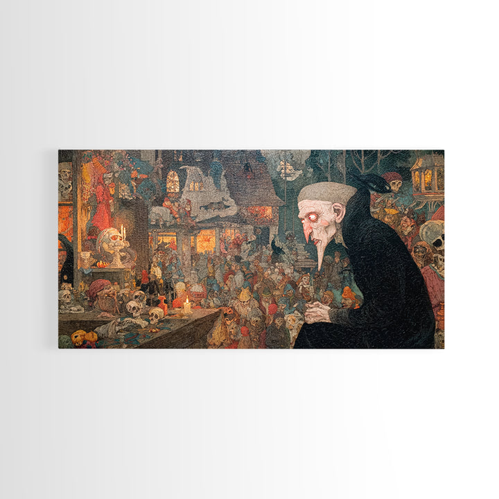 The Red-Eyed Night Hag, Grotesque Carnival Art, Wide Panoramic Art, Gothic Horror Wall Art, Framed Canvas Print, Halloween Wall Art